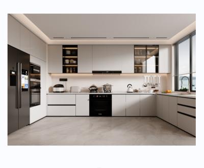 China Environmental Friendly Modern White High Gloss And Oak Color Kitchen Cabinets With Island And Breakfast Bar for sale