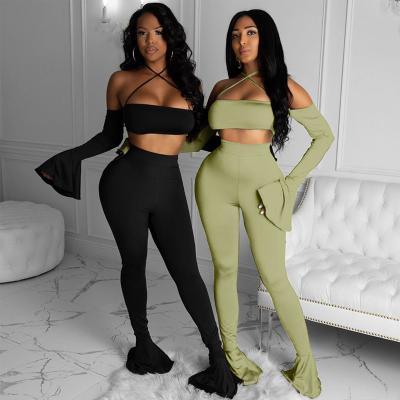 China QUICK DRY Women Fashion Casual Solid Color Bell Sleeve Design Crop Top Set Women Clothing 2 Piece Set for sale