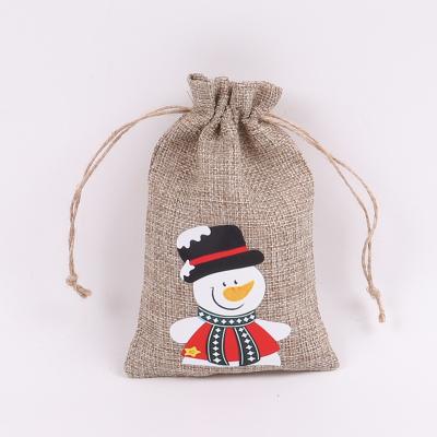 China Xmas Linen Drawstring Pouch Mini Xmas Gift Sack Bag for Burlap Santa Claus Candy Bags with Snow, Christmas Moose for sale