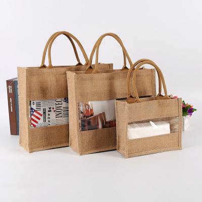 China Eco-Friendly Burlap Carrier Bag With Windows Jute Tote Bag Shoulder Beach Clear PVC Window Shopping Bag for sale