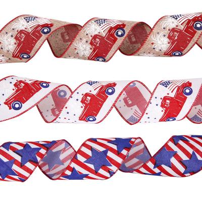 China Burlap Ribbons Floral Patriotic Independence Wired Edge Burlap Ribbon Stripes Stars USA Flag Pattern for Memorial Day July 4th for sale