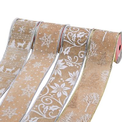 China Floral Christmas Wired Edge Ribbon Opening Ribbon For Decor And Hangers Natural Color Faux Burlap Ribbon With Snowflake for sale