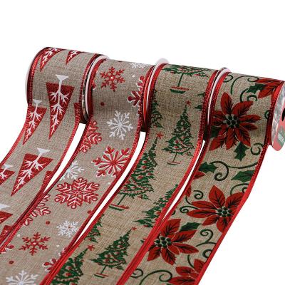 China Christmas Ribbon Floral Vintage Cable Burlap Ribbon For DIY Wrapping Faux Burlap Christmas Crafts Ribbon for sale