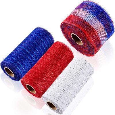 China PP Poly Mesh Ribbon Deco Metallic Patriotic Mesh Metallic Foil Red White Mesh Rolls Blue For DIY Patriotic Project Braid Party for sale