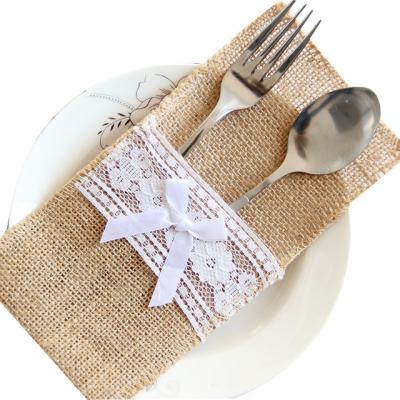 China 100% Eco-friendly Natural Burlap Lace Napkin Holders Dishware Cover Bag Knifes 10Pcs Forks Storage Pouch For Wedding Party Decoration for sale