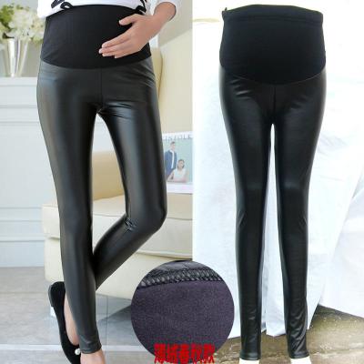 China Pregnant Women Antibacterial Popular PU Leather Leggings Puffy High Waist Support Maternity Pants Skinny Pants for sale