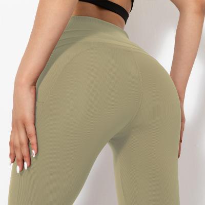 China New Breathable Yoga Pants Women's Vertical Band Threaded High-waist Fitness Pants Fishing Sports Hip-lifting Pants Yoga Clothes Women for sale