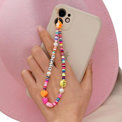 China 2021 Pottery Rainbow Bohemia Simple Smiling Soft Ceramic Lanyard Mobile Phone Female LOVE Letter Bead Beaded Anti-lost for sale