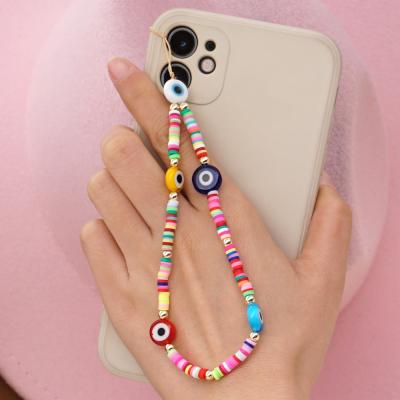 China 2021 Pottery soft ethnic style multi-color eye beads handmade beaded mobile phone anti-lost chain simple color softly ceramic for sale