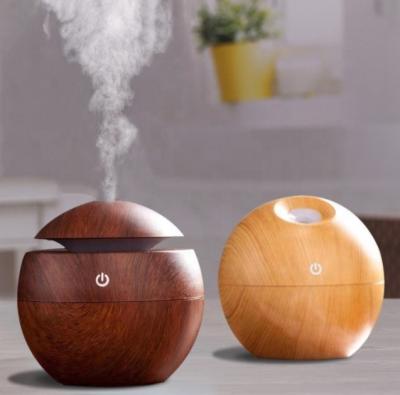 China 130ml Modern Drum Shape Wooden Grainy Aroma Diffuser, Touch Control Ultrasonic Cool Mist Humidifier with LED Color Changing Night Light for sale