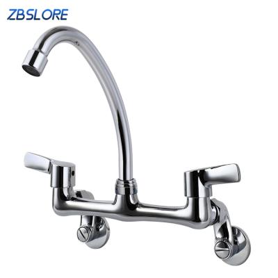 China Modern European Kitchen Sink Faucet Double Inlets Solid Brass Kitchen Sink Tap Wall Mounted for sale