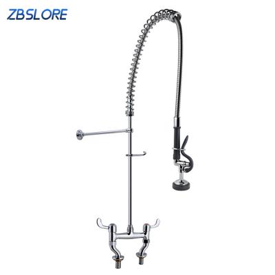 China Modern Commercial Pull Down Brass Kitchen Faucet Double Handles Pre Rinse Faucet For Restaurants for sale