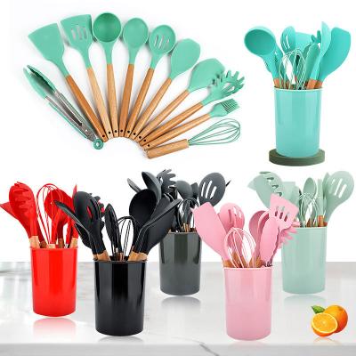 China Viable Nonstick Spatula 12Pcs Handle Silicone Wooden Cookware Set With Storage Box Kitchen Cooking Baking Tools for sale