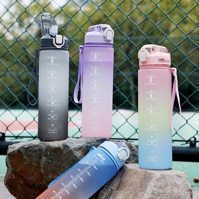 China 1000ML Summer Press Bounce Gradient Viable Water Bottle With Strap Accessories Sport Motivational Water Bottle Drinking Botter for sale