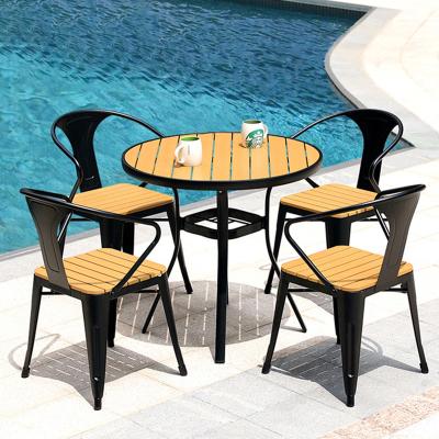 China Modern Designs Set Contemporary Outdoor Dining Garden Courtyard Restaurant Solid Wood Aluminum Chairs Top Coffee Tables Set for sale