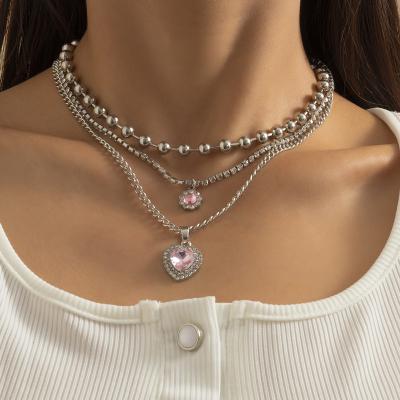 China 2021 Fashion Beautiful Women's Environmental Friendly Jewelry Heart Rhinestone Link Chain Multi Layering Crystal Choker 3pcs/Set Sets Necklace for sale