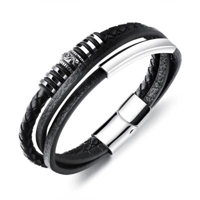 China Wholesale Punk Jewelry Men's Fashion Stainless Genuine Leather Bracelets And Black for sale