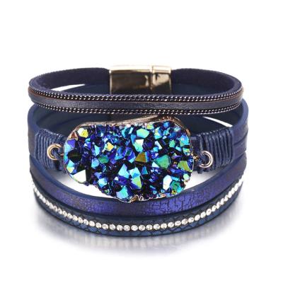 China Hot Selling Fashion Gemstone Handmade Druzy Blue Leather Wrap Magnetic Bracelets For Women for sale