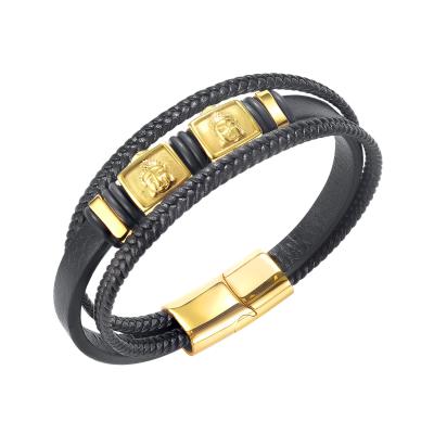 China TRENDY hot fashion punk luxury 18k gold plated stainless steel charm and genuine leather bracelets for men for sale