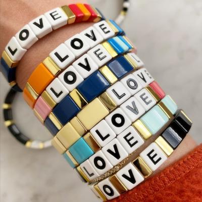 China Wholesale Environmentally Friendly Fashion Tila Tile Bead Alloy Painting Colorful LOVE Couples Tila Bracelet Jewelry for sale