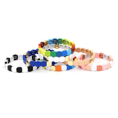 China Environmental Friendly Custom Jewelry Colorful Beads Stretch Tile Letter Bracelet Enamel Rainbow Bohemian Painted Bracelet for sale