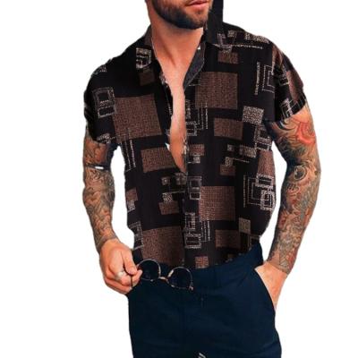 China 2021 new men's fashion trend plaid print shirt lapel brown casual shirt anti-shrink for sale