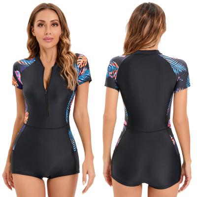 China One Piece Zipper Sports One Piece Swimsuit For Women Sunscreen Short Sleeve Surfsuit Surf Bathing Suit for sale