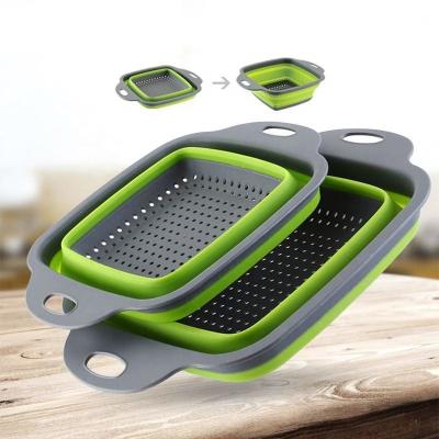 China Sustainable Square Shape Silicone Plastic Folding Kitchen Colander Set With Hole Handle for sale