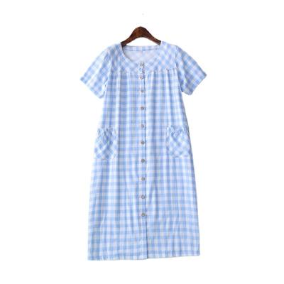 China Ladies Sleepwear Shortsleeve Cotton Home Skirt QUICK DRY Pajamas Around Neck Plaid Nightgown for sale