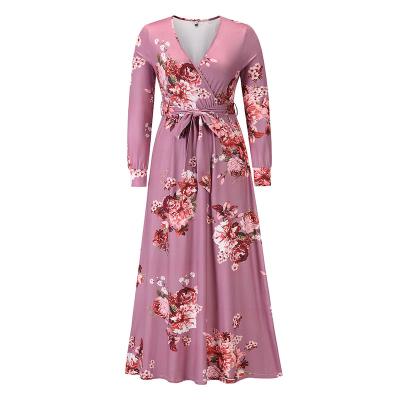 China 2021 autumn and winter breathable women plus size dress floral long-sleeved casual dress girls new V-neckline for sale