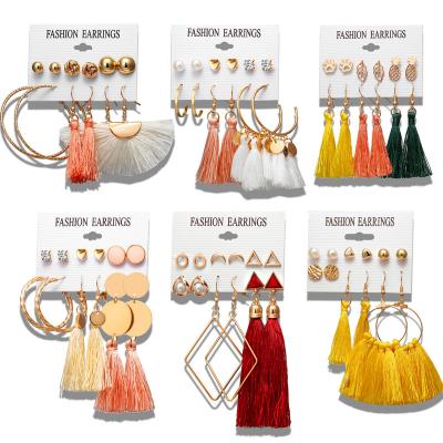 China New Hot Sale TRENDY Fashion Pattern Long Tassel Stud Earrings Set For Women Girl Bohemian Geometric Earring for sale