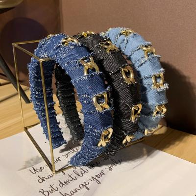 China Creative thick headband chained Jean Fabric Hair Bands wide solid color wrap denim fabric denim headband factory direct sales new for sale