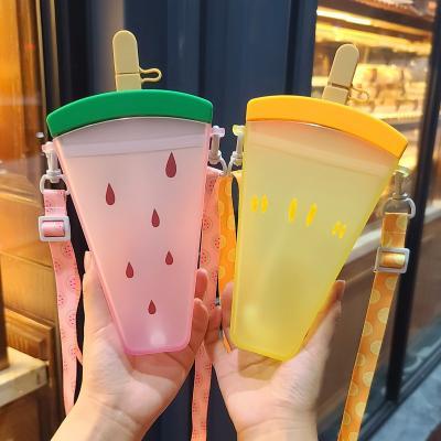 China Travel Viable Creative Plastic Girls Water Cup 350ml Cute Straw Strap Ice Cream Fruit Cartoon Portable Water Bottles for sale