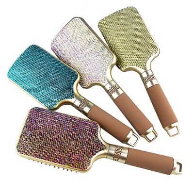 China Shiny Plastic Fashionable Medium Wide Plastic Wooden Handle Hair Comb Rhinestone Bling Rhinestone Hair Brushing Brush Tool for sale