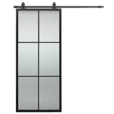 China 38 in. raincoats. x 84 in. Black 6-Lite Metal Barn Doors with Tempered Sandblasted Glass, Black Top Mounted Kit and Hardware Handle for sale