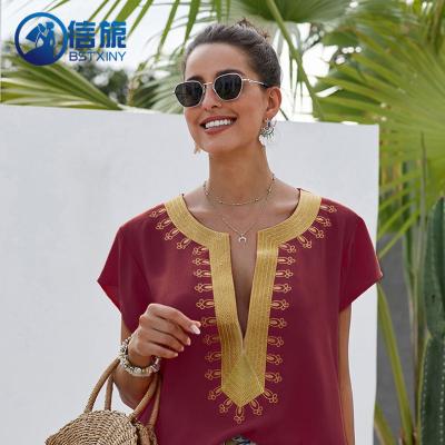 China Anti-wrinkle N0009 2022 New Print Summer Sweater Top Stand Collar Shirt Women Slim Short Sleeve Vest for sale