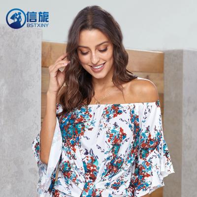 China New Fashion Spring Anti-wrinkle N00014 Floral Printing Word Sexy Neck Tube Top T-shirt Women for sale