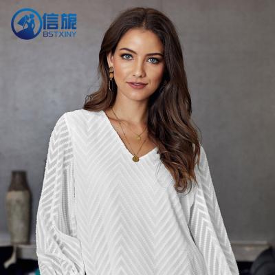 China New Anti-wrinkle Summer V-Neck Chiffon Shirt Solid Color Long Sleeve Loose White Women Shirt N0019 for sale