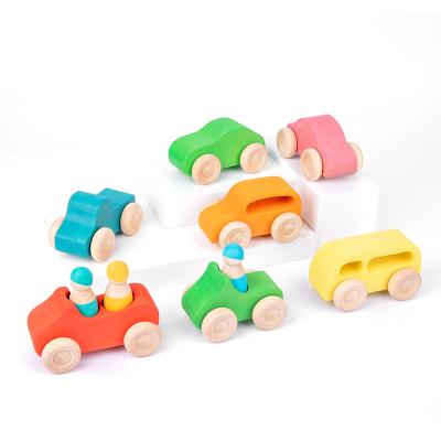 China Eco-Friendly Material 7 Cars Kids Stack High Curved Rainbow Grimms Blocks Toys Infant Wooden Toddler Cars Chunky Wooden Toy for sale