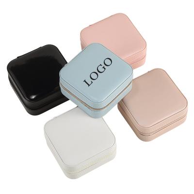 China Handmade Wholesale Custom Logo PU Leather Small Square Jewelry Organizer Box Travel Earring Joyero Jewelry Storage Case For Girl Gift for sale