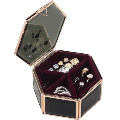 China Linining Handmade Detachable Black Velvet Double Hexagon Jewelry Storage Box Travel Glass Case For Gift Organizer for sale