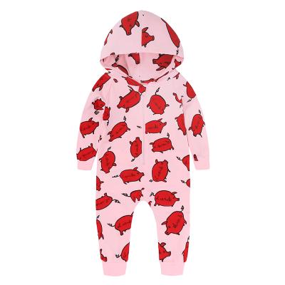 China Popular Pink Pig Print Infant Clothes Hooded Baby Long Sleeve Romper With Zipper for sale