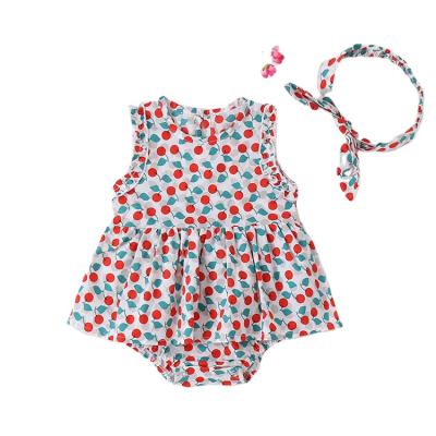 China Cute Cherry Print New Born Ruffles Baby Clothes Sleeveless Jumpsuit Baby Romper With Headband for sale