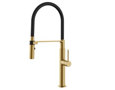 China Metered Faucets Black And Gold Brushed Pull Down Sprayer Single Handle Kitchen Sink Faucet 304 Stainless Steel Sink Mixer Tap for sale