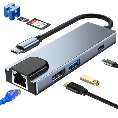 China USB C Hub Type C Hub Multiport Adapter 6 in 1 with 4K USB 3.0/2.0 Ports PD Charger Ethernet 180*70*18MM for sale