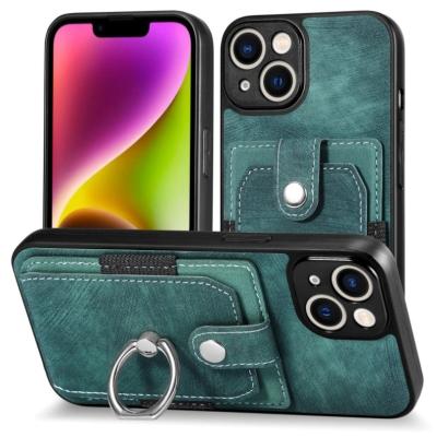 China Shockproof New Solid Color Vintage Card Case Suitable for iPhone 15 PU Leather Case Hardware Ring Phone Case with Holder for sale