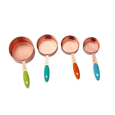 China Sustainable 4PC Rose Gold Stainless Steel Measuring Cup Set Brass Plated Metal Liquid Powder Ingredient Measuring Cups Kitchen Cooking Tools for sale