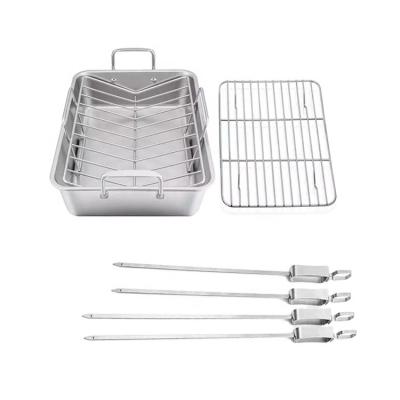 China General Use For Gas And Induction Cooker Stainless Steel Roasting Pan 15 Inch Turkey Rotisserie Lasagna Pan With V Rack And Cooling Rack Set And Needles Grilling Kebab for sale