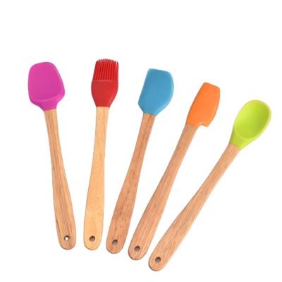 China Silicone + 5PCS New Custom Bamboo Mini Baking Spatula Set For Kids Kitchen Silicone Cooking Tools Bamboo Handle for sale