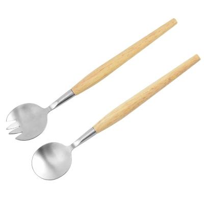 China 2PC-Pack Beech Wood Handle Salad Server Long Spoon Fork Spoon Matt Stainless Steel Tableware Salad Spoon Fork Set for sale